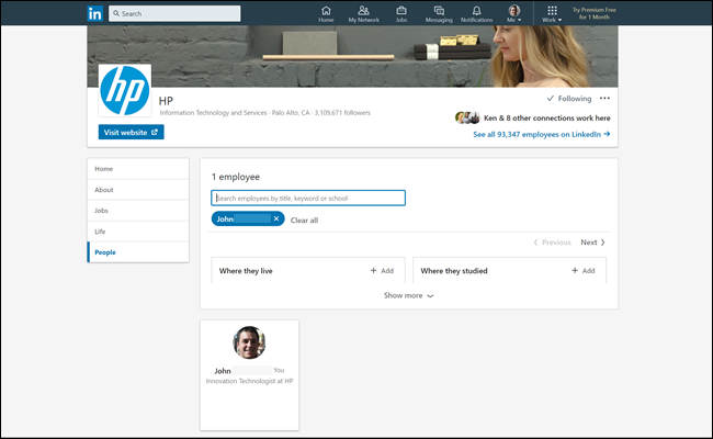 Lista de funcionários da HP no LinkedIn, mostrando nosso perfil falso como funcionário.