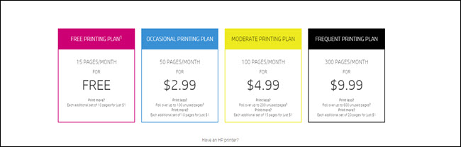 Plano de preços de tinta instantânea HP
