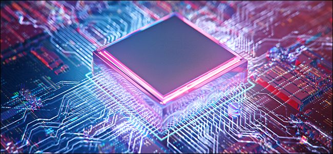 Ilustração 3D da CPU contra o fundo da placa de circuito