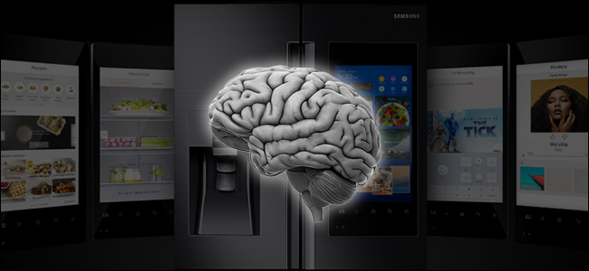 Um cérebro pairando na frente de uma geladeira inteligente