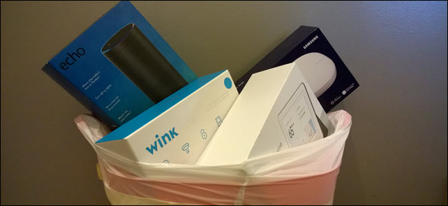 Echo, Wink, Samsung Smartthings e home boxes do Google em uma lata de lixo.
