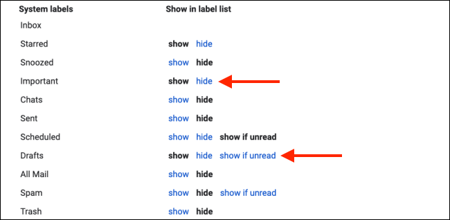 Oculte os rótulos do sistema para limpar a barra lateral do Gmail