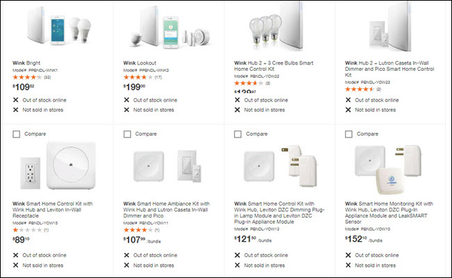 Site da Home Depot mostrando todos os produtos Wink fora de estoque online e não vendidos nas lojas.