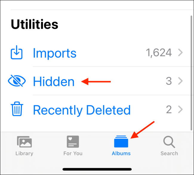 Toque em "Álbuns" e depois em "Oculto" para ver as fotos ocultas no iOS.