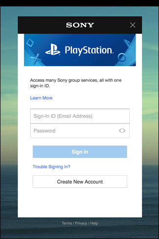 Sony login prompt