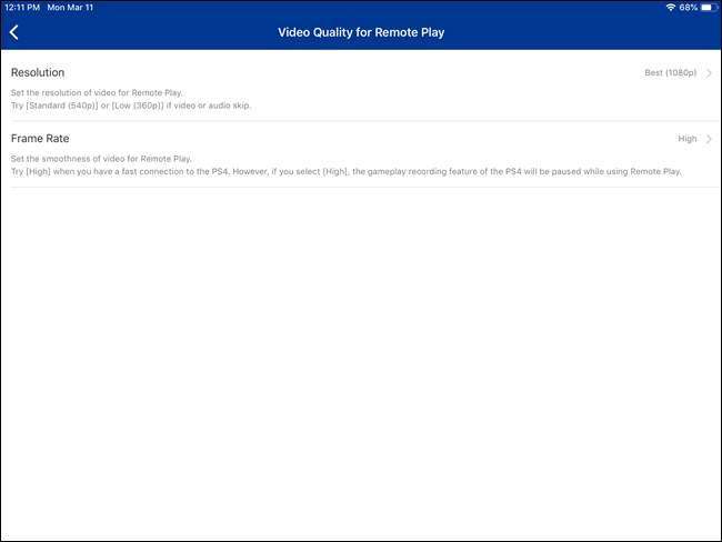Opções de vídeo PS4 Remote Play no iOS