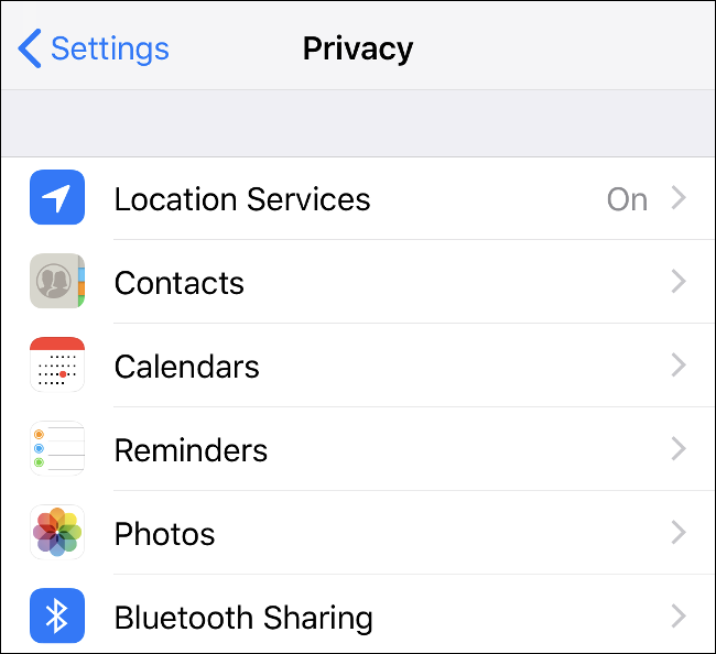 O menu de privacidade do iOS