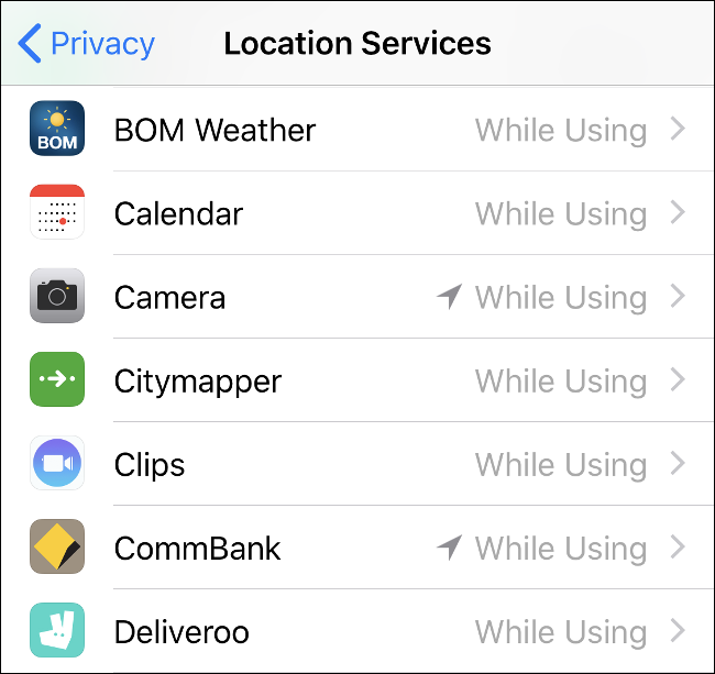 O menu iOS Location Services