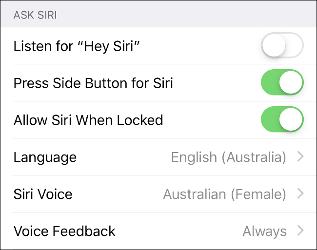 Captura de tela do menu Siri em Configurações no iOS.
