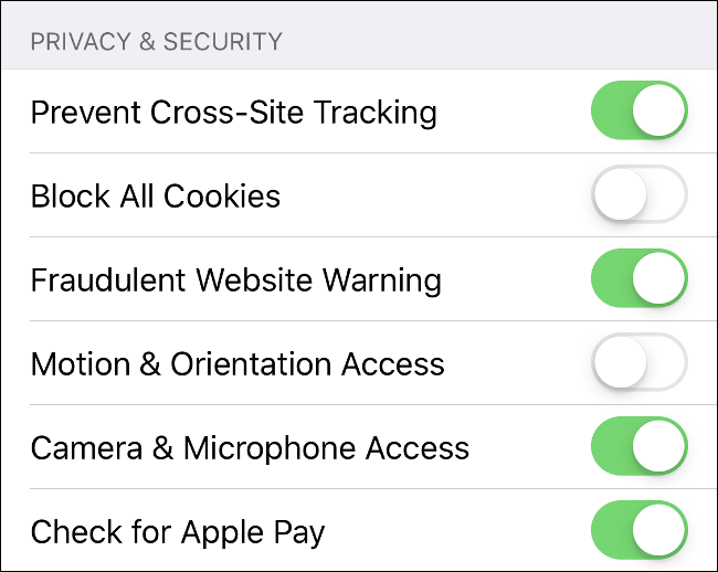Captura de tela das configurações de privacidade e segurança do Safari para iOS.