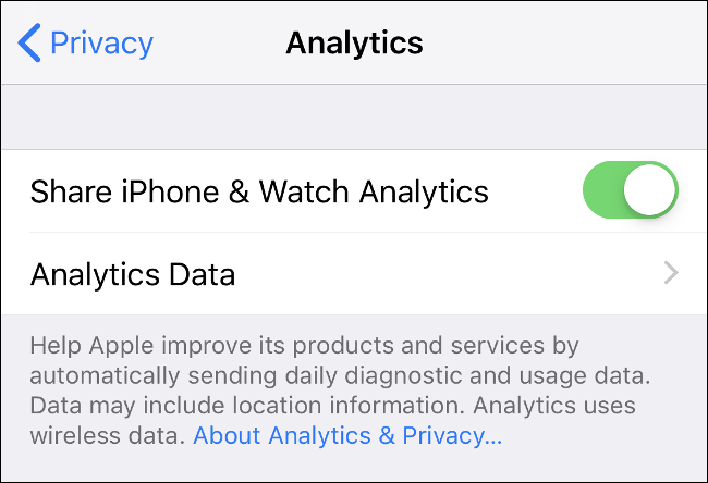 A tela "Analytics" nas configurações de "Privacidade" do iPhone.