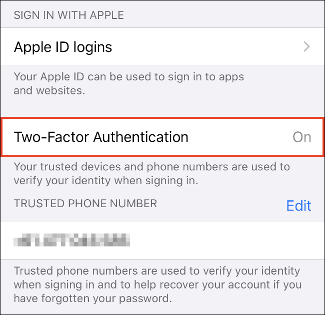 Toque em "Ativar autenticação de dois fatores" no iPhone.