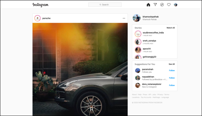 Um feed do Instagram em um navegador de desktop.