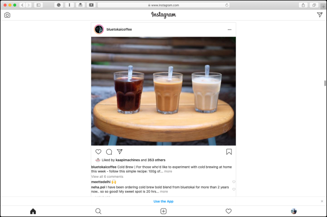 O layout móvel do Instagram no Safari em um Mac.