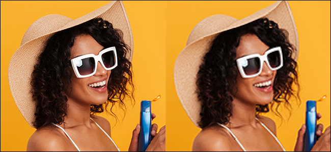 Duas imagens idênticas de uma mulher usando óculos escuros e um chapéu de sol segurando loção;  a imagem à direita está desfocada e pixelizada.
