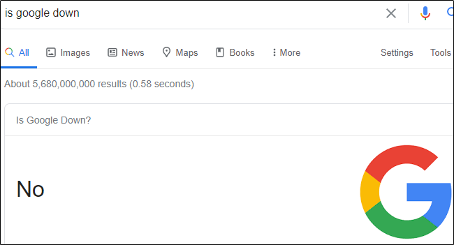 "Não" em resposta a "O Google está fora do ar" na barra de pesquisa.