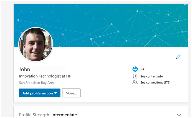 Perfil do LinkedIn de nosso "John" mostrando 177 conexões e uma lista de empregos da HP.