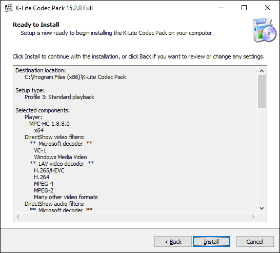 Clique em Instalar para iniciar a instalação do K-Lite Codec Pack