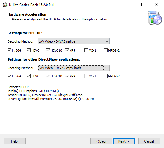 Confirme as opções de aceleração de hardware do K-Lite Media Player Classic e clique em Próximo