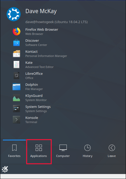 Menu do sistema KDE