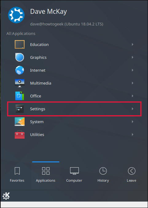 Menu de aplicativos do sistema KDE