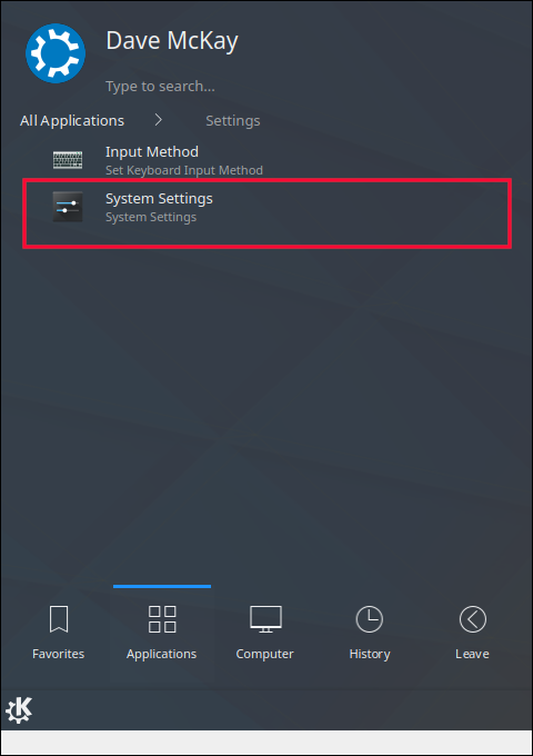 Menu de Configurações do KDE