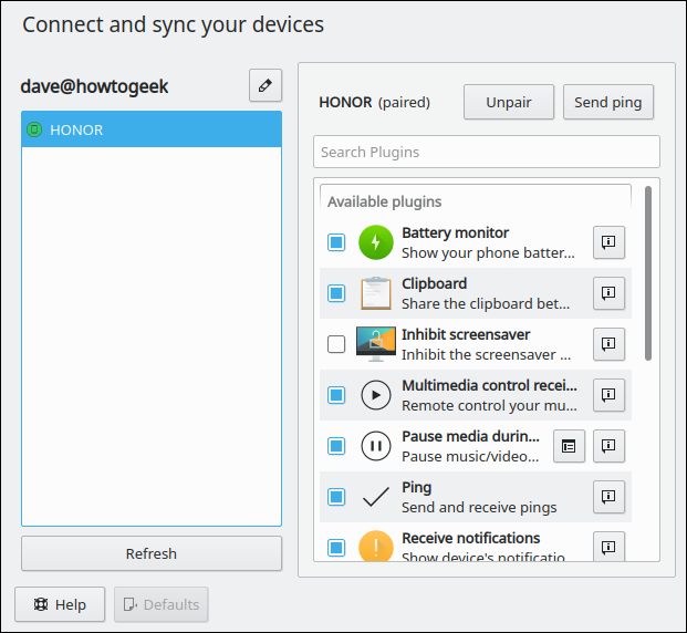 Configurações e funções do dispositivo KDE emparelhado