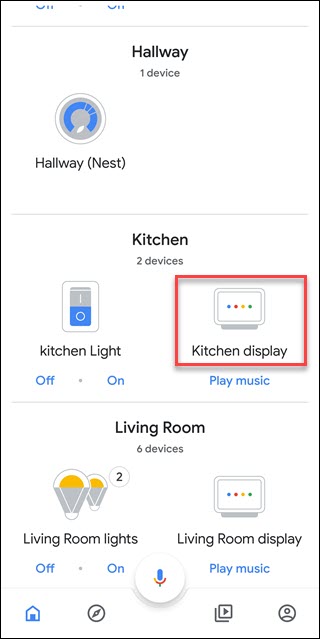 App Google Home com caixa ao redor da opção Display de cozinha (um denominado Google Home Hub)