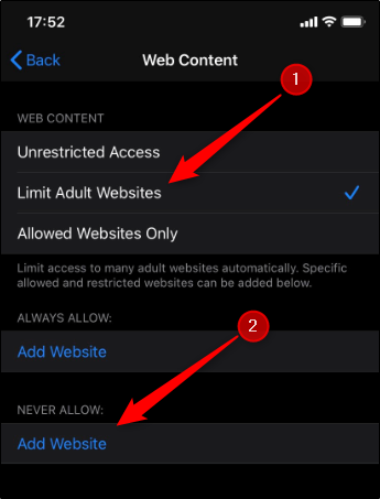 Toque em "Limitar sites adultos" e depois em "Adicionar site".
