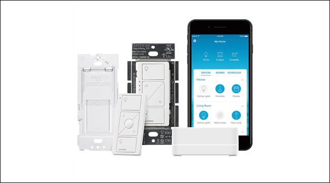 Interruptor inteligente Lutron, controle remoto sem fio e aplicativo Lutron e ponte inteligente.