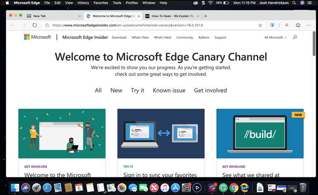 Edge para Mac mostrando uma página Bem-vindo ao Canary Channel.