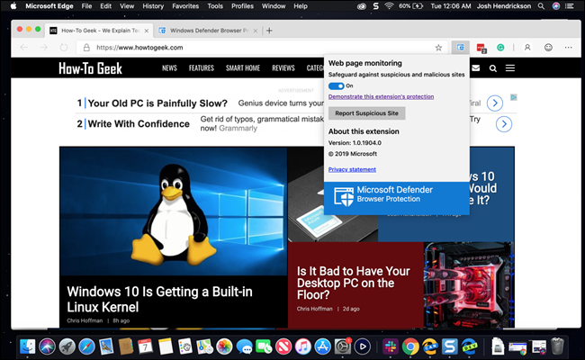 Navegador Edge no Mac com extensão Defender visível
