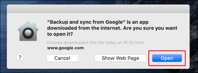 Clique em Abrir para permitir que o Backup e sincronização do Google Drive seja iniciado em seu Mac