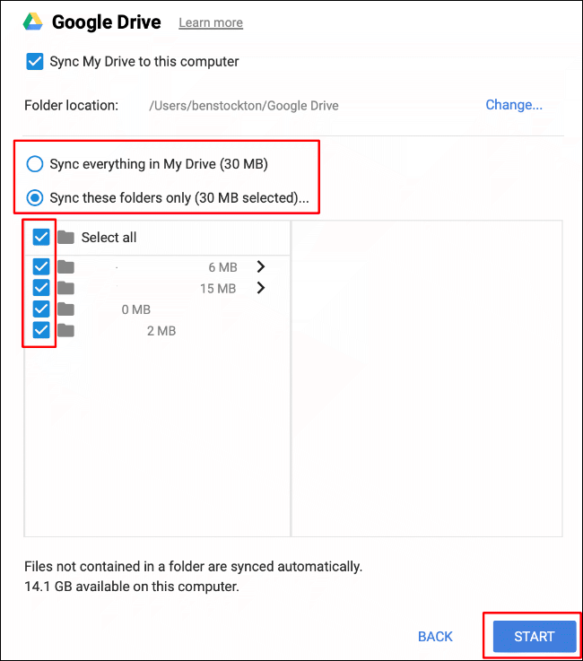 Selecione as opções de sincronização de pasta e clique em Iniciar para começar a sincronizar arquivos entre o armazenamento do Google Drive e o Mac