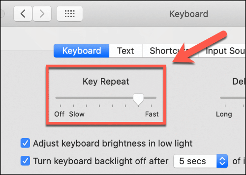 Mova o controle deslizante Key Repeat para cima e para baixo para afetar a velocidade de repetição do teclado do Mac