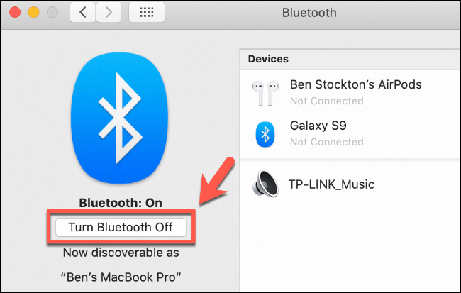 Clique em “Desligar o Bluetooth”.