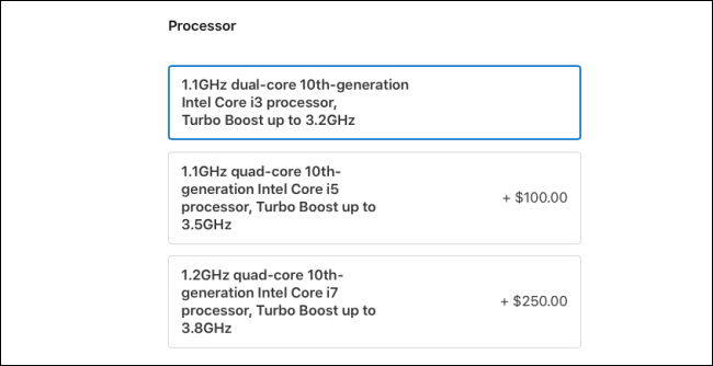 As opções do processador MacBook Air 2020.