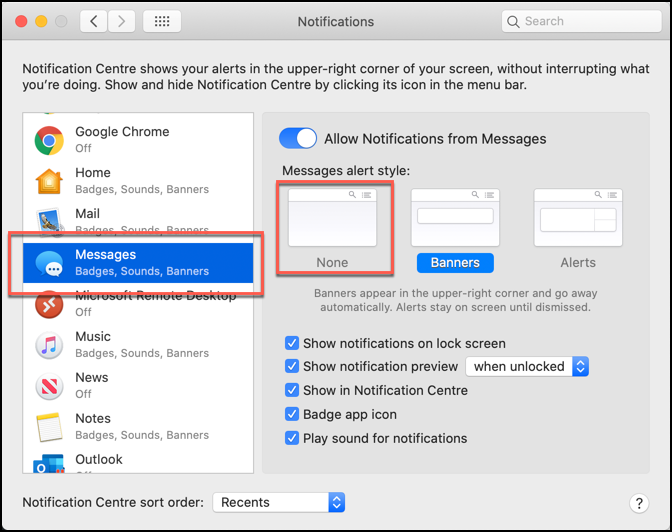 Clique em Mensagens> Nenhum para desativar os alertas de notificação do aplicativo Mensagens no macOS