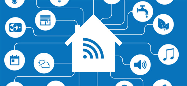 Automação Smarthome e Internet das Coisas (IOT) com ícones de uma casa e eletrodomésticos conectados via wi-fi.