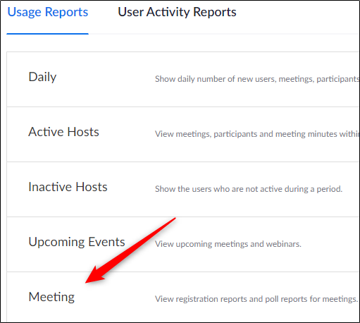 Botão de reuniões da guia Relatório de uso