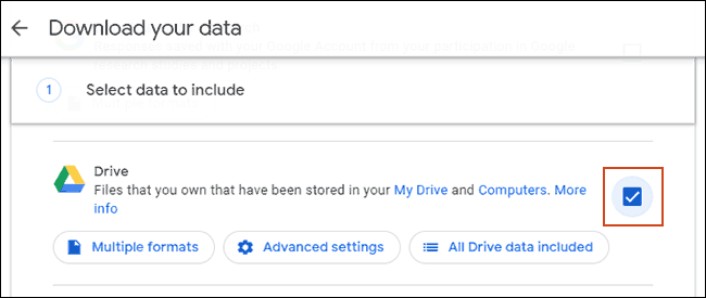 Marque a caixa de seleção do Google Drive