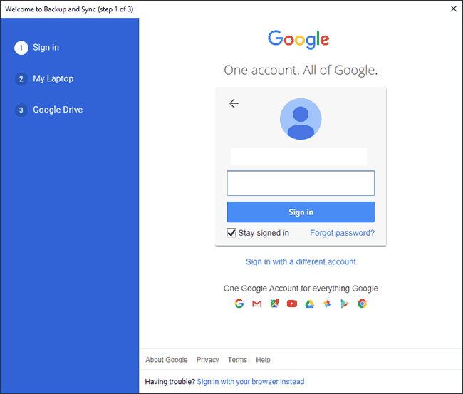 Faça login em sua Conta do Google no primeiro estágio da configuração do Backup e sincronização do Google