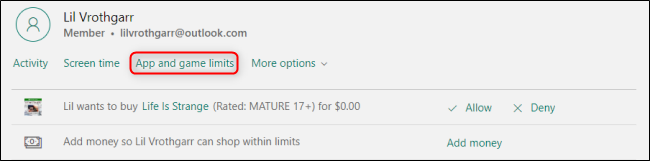Clique em "App and Game Limits" para obter uma conta no Microsoft Family Group.
