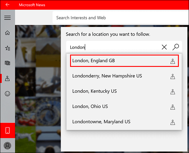 Para adicionar um local ao Microsoft News, clique em qualquer lugar na guia Local, digite um local e clique nele para adicioná-lo