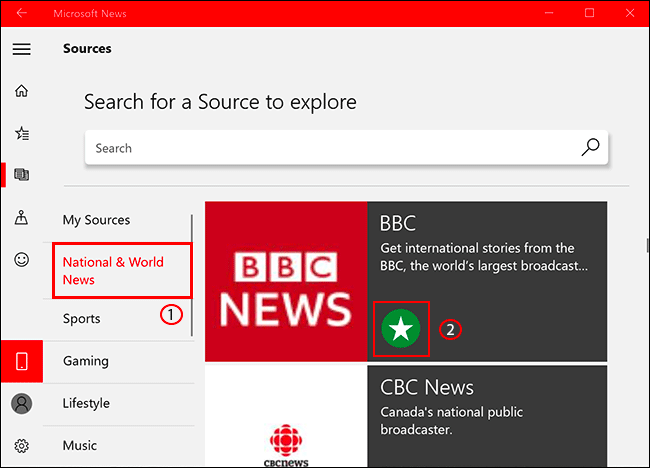 Para adicionar ou remover uma fonte de notícias no Microsoft News, clique na guia de fontes e selecione sua fonte de notícias, clicando no ícone de estrela para adicioná-la / removê-la