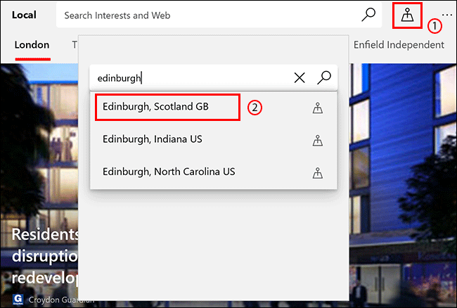 Na guia Local do Microsoft News, clique no ícone Localização, procure um local e clique nele