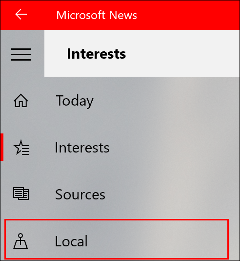 Para adicionar notícias locais ao Microsoft News, clique na guia Local no menu à esquerda