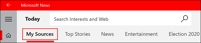 Para acessar suas fontes de notícias favoritas no aplicativo Microsoft News, clique na guia Minhas Fontes