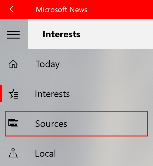 Para adicionar fontes de notícias ao Microsoft News, clique na guia Fontes no menu à esquerda