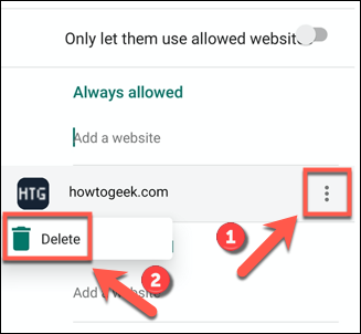  Toque no ícone de três pontos e em "Excluir" para remover um site da lista "Sempre permitido" ou "Nunca permitido".